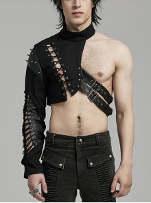 Handsome Asymmetrical Black Twill Woven Splicing Taped Front Eyelet Strap Punk Style One Arm Harness