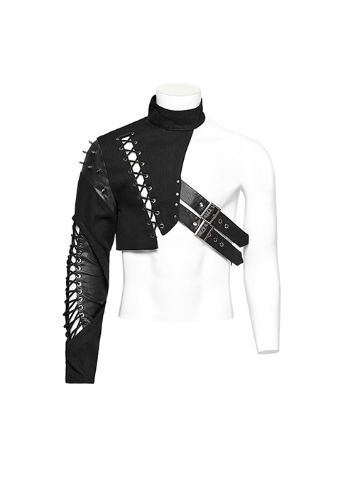 Handsome Asymmetrical Black Twill Woven Splicing Taped Front Eyelet Strap Punk Style One Arm Harness