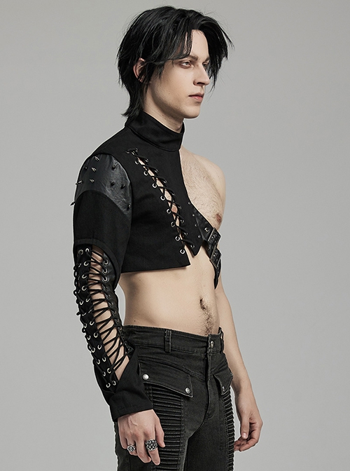 Handsome Asymmetrical Black Twill Woven Splicing Taped Front Eyelet Strap Punk Style One Arm Harness