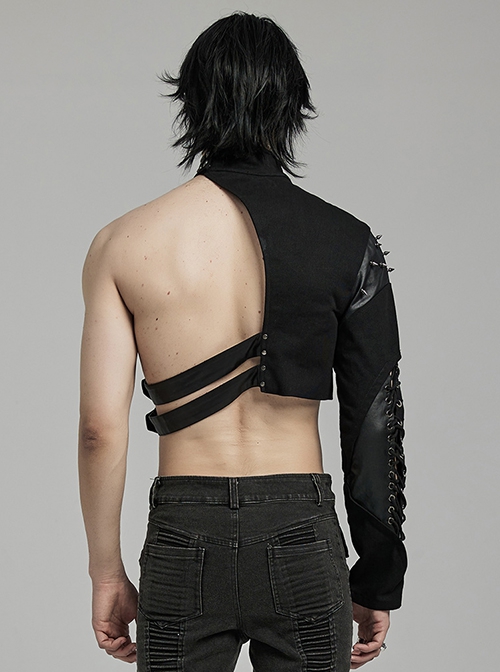 Handsome Asymmetrical Black Twill Woven Splicing Taped Front Eyelet Strap Punk Style One Arm Harness