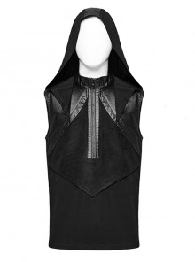 Black Hooded Stretch Knit Front Center Zip Punk Style Handsome Sleeveless Vest