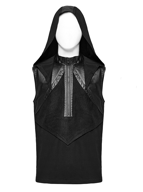 Black Hooded Stretch Knit Front Center Zip Punk Style Handsome Sleeveless Vest