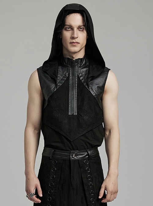 Black Hooded Stretch Knit Front Center Zip Punk Style Handsome Sleeveless Vest