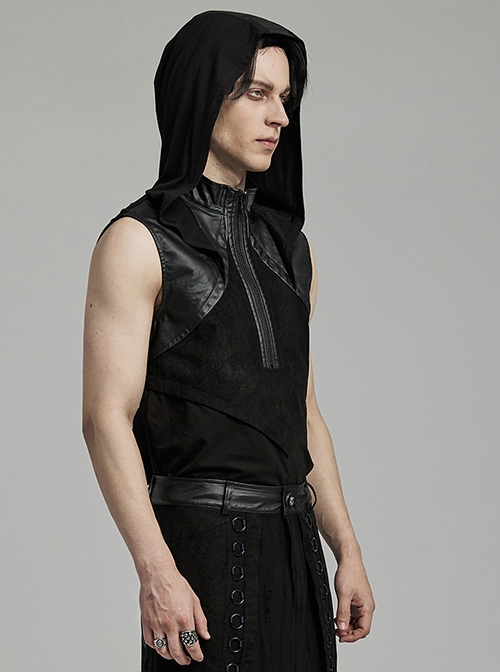 Black Hooded Stretch Knit Front Center Zip Punk Style Handsome Sleeveless Vest