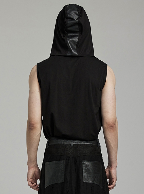 Black Hooded Stretch Knit Front Center Zip Punk Style Handsome Sleeveless Vest