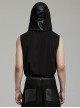Black Hooded Stretch Knit Front Center Zip Punk Style Handsome Sleeveless Vest