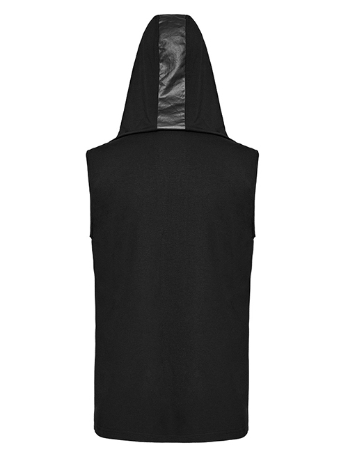 Black Hooded Stretch Knit Front Center Zip Punk Style Handsome Sleeveless Vest