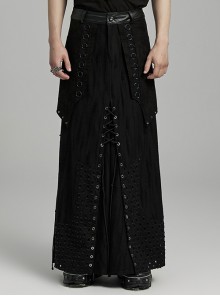 Three Dimensional Micro Elastic Knitted Pu Leather Eyelet String Irregular Skirt Punk Style Messy Pattern Skirt