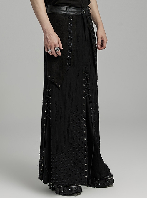 Three Dimensional Micro Elastic Knitted Pu Leather Eyelet String Irregular Skirt Punk Style Messy Pattern Skirt