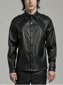 Black Stretch Woven Imitation Leather Shoulder Straps Widened Design Punk Style Handsome Long Sleeved Shirt