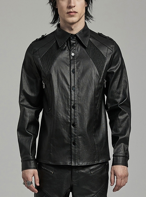 Black Stretch Woven Imitation Leather Shoulder Straps Widened Design Punk Style Handsome Long Sleeved Shirt