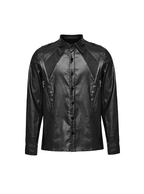 Black Stretch Woven Imitation Leather Shoulder Straps Widened Design Punk Style Handsome Long Sleeved Shirt