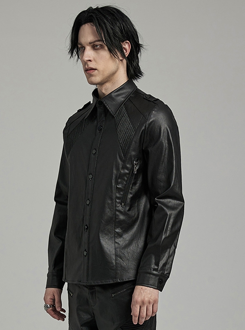 Black Stretch Woven Imitation Leather Shoulder Straps Widened Design Punk Style Handsome Long Sleeved Shirt