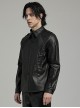 Black Stretch Woven Imitation Leather Shoulder Straps Widened Design Punk Style Handsome Long Sleeved Shirt