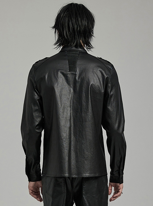 Black Stretch Woven Imitation Leather Shoulder Straps Widened Design Punk Style Handsome Long Sleeved Shirt