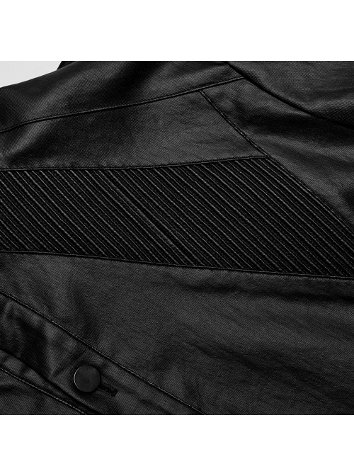 Black Stretch Woven Imitation Leather Shoulder Straps Widened Design Punk Style Handsome Long Sleeved Shirt