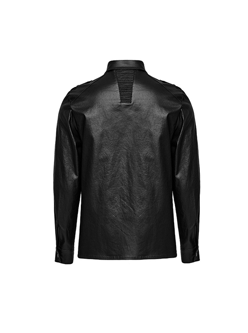 Black Stretch Woven Imitation Leather Shoulder Straps Widened Design Punk Style Handsome Long Sleeved Shirt