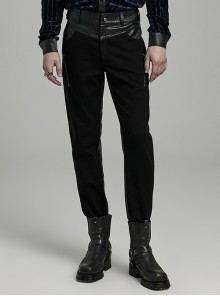 Simple Black Elastic Taped Front Twill Slim Fit Punk Style Tight Trousers