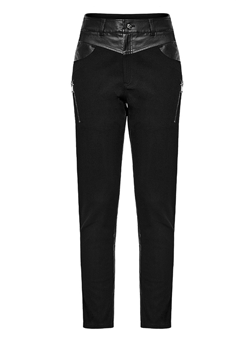 Simple Black Elastic Taped Front Twill Slim Fit Punk Style Tight Trousers