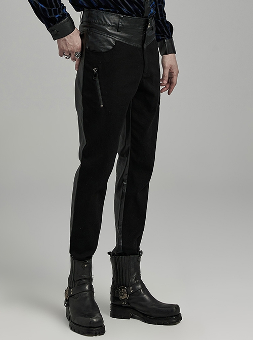 Simple Black Elastic Taped Front Twill Slim Fit Punk Style Tight Trousers