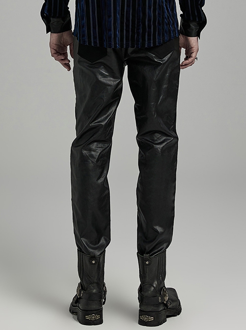 Simple Black Elastic Taped Front Twill Slim Fit Punk Style Tight Trousers
