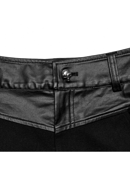 Simple Black Elastic Taped Front Twill Slim Fit Punk Style Tight Trousers