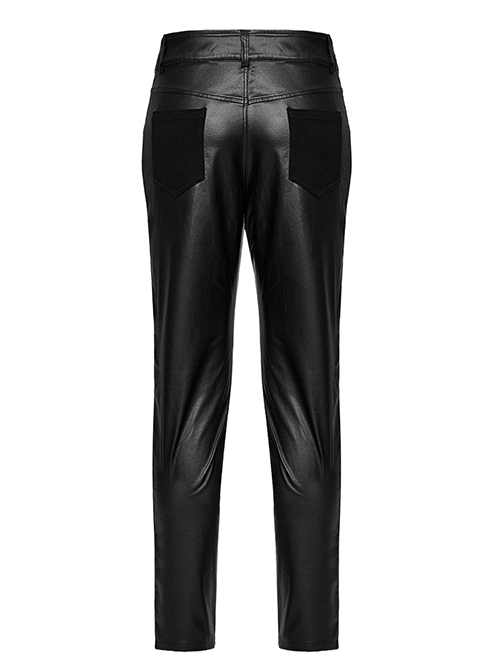 Simple Black Elastic Taped Front Twill Slim Fit Punk Style Tight Trousers