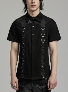 Black Micro Stretch Twill Spliced Cracked Leather Front Triangular Buckle Studded Web Punk Style Simple Short Sleeved Shirt