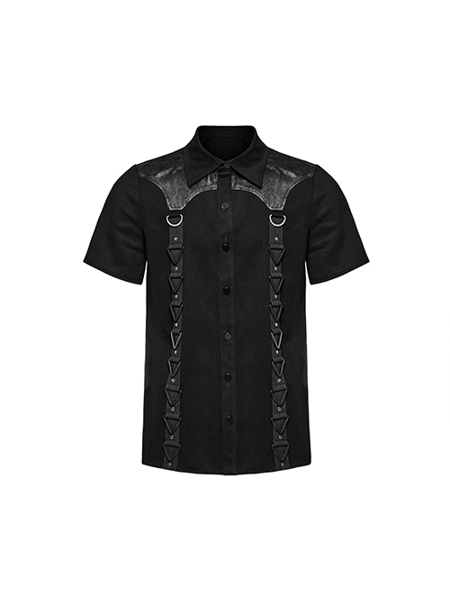Black Micro Stretch Twill Spliced Cracked Leather Front Triangular Buckle Studded Web Punk Style Simple Short Sleeved Shirt