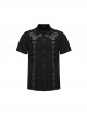 Black Micro Stretch Twill Spliced Cracked Leather Front Triangular Buckle Studded Web Punk Style Simple Short Sleeved Shirt
