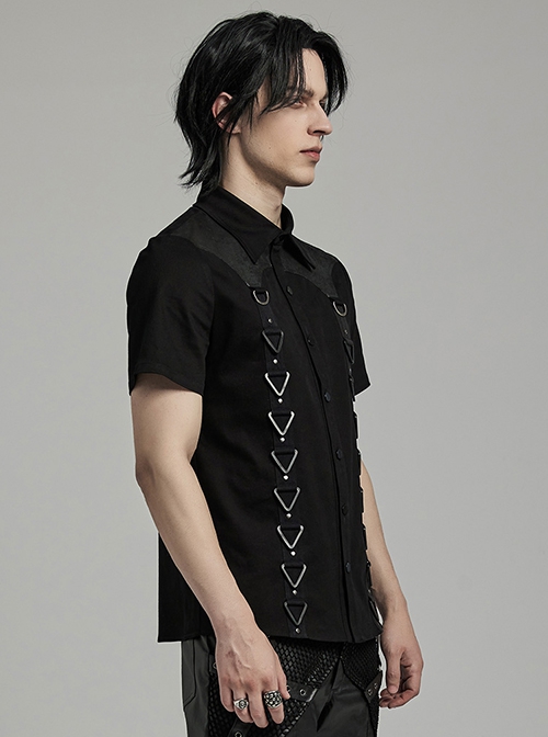 Black Micro Stretch Twill Spliced Cracked Leather Front Triangular Buckle Studded Web Punk Style Simple Short Sleeved Shirt