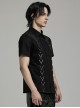 Black Micro Stretch Twill Spliced Cracked Leather Front Triangular Buckle Studded Web Punk Style Simple Short Sleeved Shirt