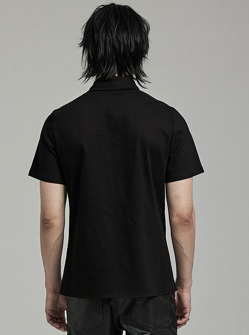 Black Micro Stretch Twill Spliced Cracked Leather Front Triangular Buckle Studded Web Punk Style Simple Short Sleeved Shirt