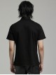 Black Micro Stretch Twill Spliced Cracked Leather Front Triangular Buckle Studded Web Punk Style Simple Short Sleeved Shirt