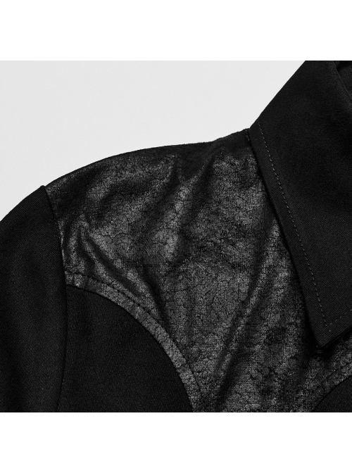 Black Micro Stretch Twill Spliced Cracked Leather Front Triangular Buckle Studded Web Punk Style Simple Short Sleeved Shirt