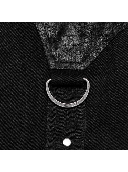 Black Micro Stretch Twill Spliced Cracked Leather Front Triangular Buckle Studded Web Punk Style Simple Short Sleeved Shirt