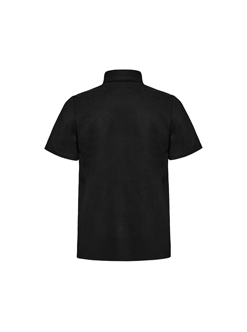 Black Micro Stretch Twill Spliced Cracked Leather Front Triangular Buckle Studded Web Punk Style Simple Short Sleeved Shirt