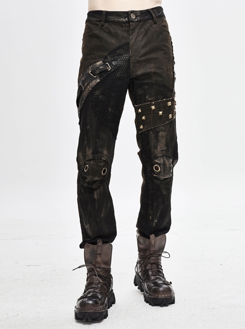 Splice Mesh Leather Bandage Rivet Broken Holes  Brown Punk Pants