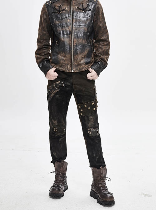 Splice Mesh Leather Bandage Rivet Broken Holes  Brown Punk Pants