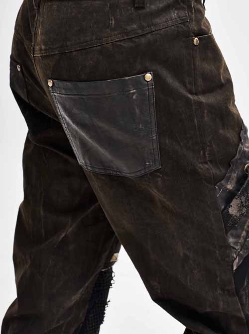 Splice Mesh Leather Bandage Rivet Broken Holes  Brown Punk Pants