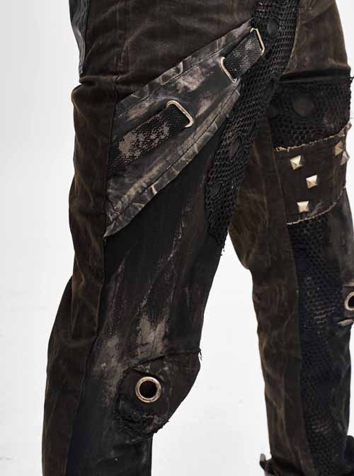 Splice Mesh Leather Bandage Rivet Broken Holes  Brown Punk Pants