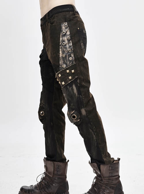Splice Mesh Leather Bandage Rivet Broken Holes  Brown Punk Pants