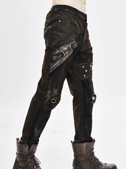 Splice Mesh Leather Bandage Rivet Broken Holes  Brown Punk Pants