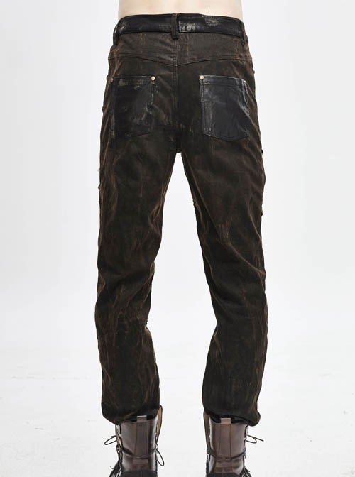 Splice Mesh Leather Bandage Rivet Broken Holes  Brown Punk Pants