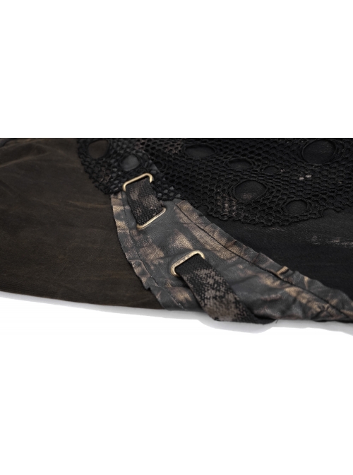 Splice Mesh Leather Bandage Rivet Broken Holes  Brown Punk Pants