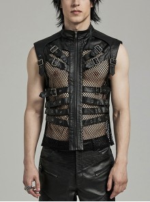 Handsome Black Non Elastic Rubber Spliced Stretch Mesh Punk Style Hollow Vest