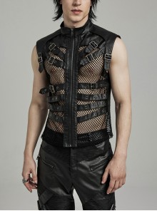 Handsome Black Non Elastic Rubber Spliced Stretch Mesh Punk Style Hollow Vest