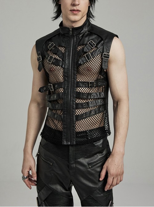 Handsome Black Non Elastic Rubber Spliced Stretch Mesh Punk Style Hollow Vest