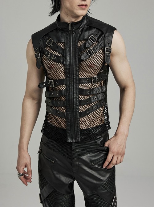 Handsome Black Non Elastic Rubber Spliced Stretch Mesh Punk Style Hollow Vest