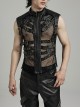 Handsome Black Non Elastic Rubber Spliced Stretch Mesh Punk Style Hollow Vest